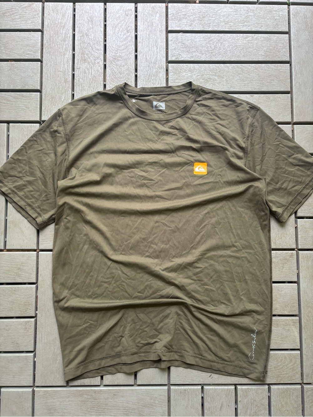 Quiksilver Men's Olive Green Short Sleeve Tee with Yellow Logo Patch